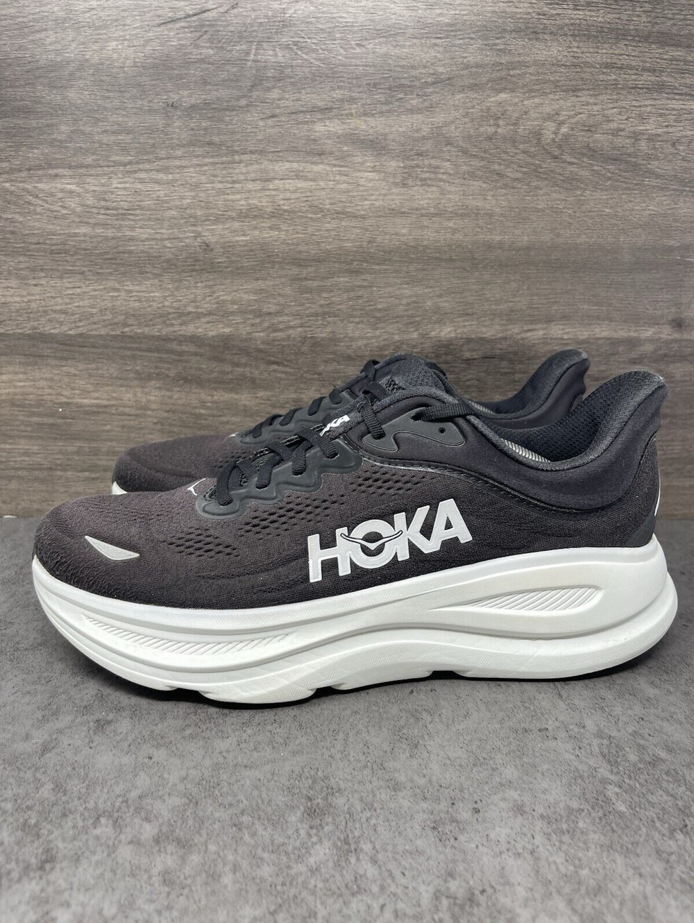 HOKA Bondi 9 Mens Size 12 2E Wide Black White Running Walking Shoes